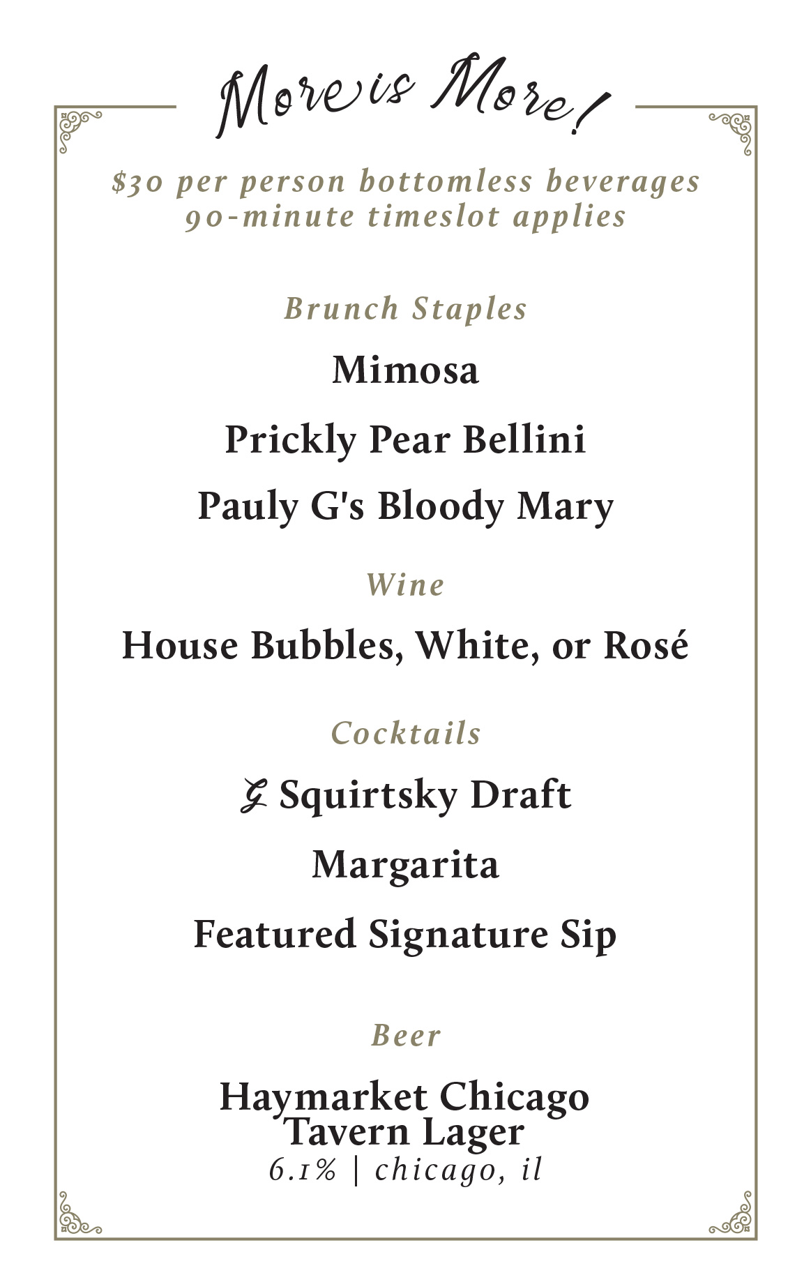 Bottomless Brunch Cocktails Menu